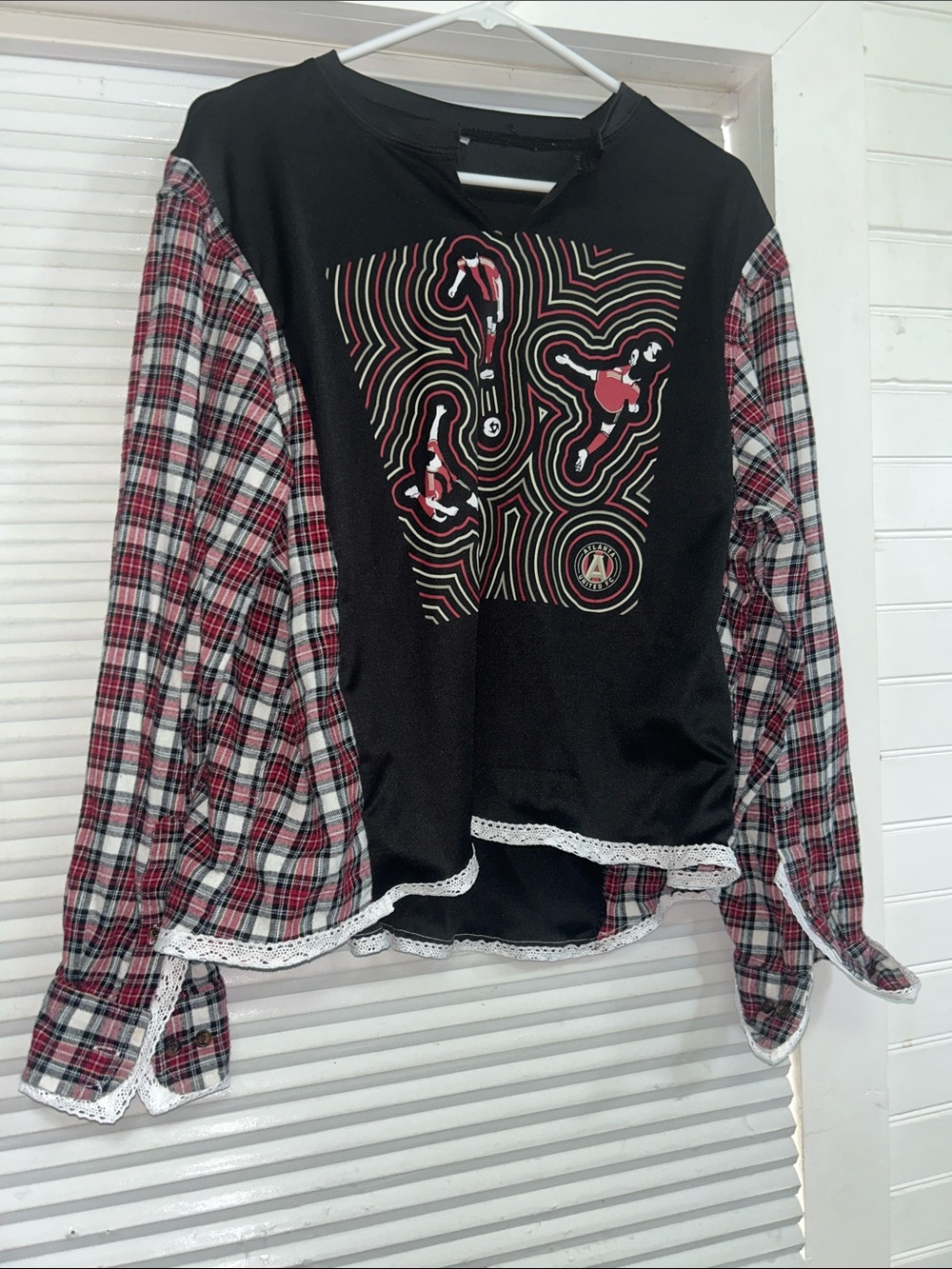 Upcycled Custom Atlanta United Sports Tee with Lace Detail, Size Large/Oversized